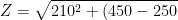 Z=\sqrt{210^{2}+(450-250)^{2}}=290\, \, ohm